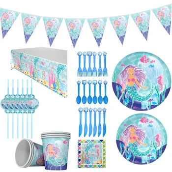 

Ultimate Mermaid Girl Party Supplies Set For 16 Guests Party Favors Set Decor & Tableware Plate Sraws Table Cloth Cups