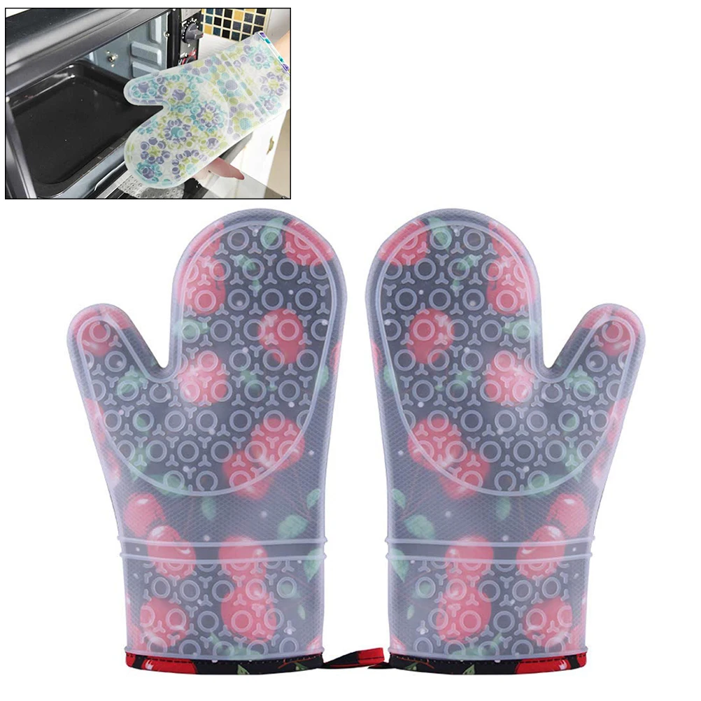 

1 Pair Silicone Cotton Glove Kitchen Oven Mitts Heat Resistant Long Baking Glove Cooking BBQ Microwave Oven Kitchen Print Gloves