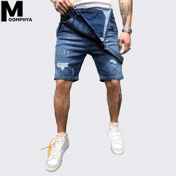 

Moomphya 2019 Distressed ripped holes Short overalls men jeans Streetwear hip hop romper pants Denim Cargo pants loose jeans men