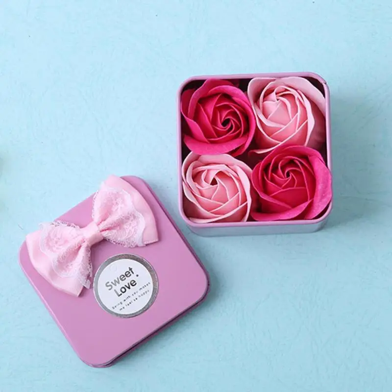 

4pcs/Box Creative Artificial Rose Flower Scented Soap Bath Body Petal Perfumed Soaps with Iron Box Valentine Day Gift Fake Plant