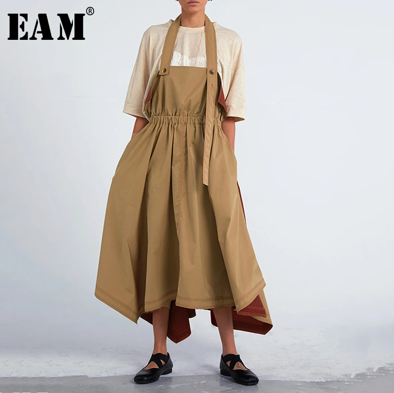 

[EAM] 2019 Spring Woman Personality Stylish Hit Color Sleeveless Two Wear Methods Pleated Spliced Long Loose Straps Dress LI500