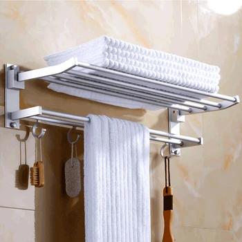 

Behogar 40cm Foldable Bathroom Shower Wall Mounted Dual Layer Space Aluminum Towel Storage Shelf Holder Stand Rack with Hooks
