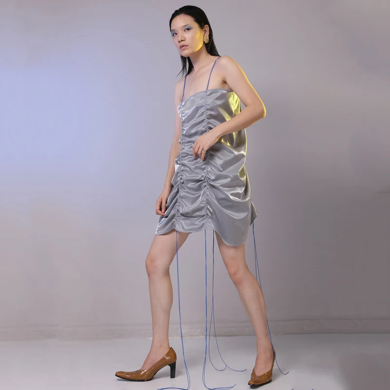 

[EAM] 2019 New Spring Strapless Gray Fold Drawstring Loose Bandage Long Vest Women Fashion Tide All-match JG797