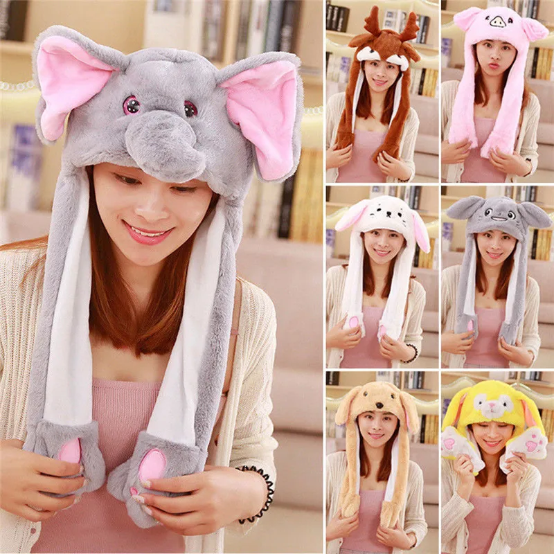 

2019 Women Cute Plush Rabbit Pinching Bunny Ear Hat Can Move Airbag Cap 11 Styles