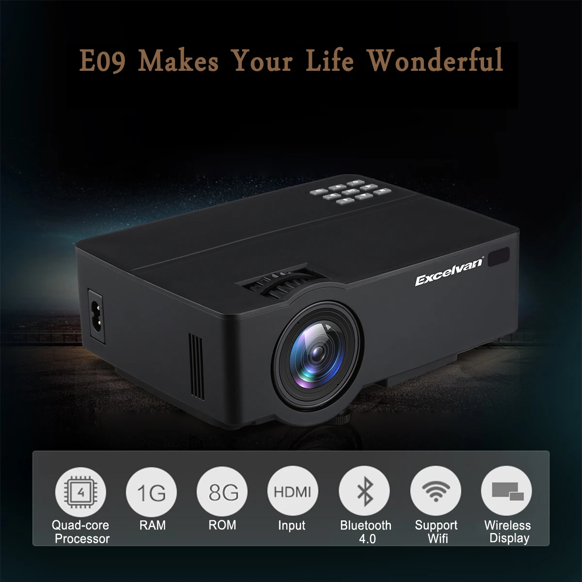 Excelvan E09(E08S) Android 6.0.1 Multimedia Home Theater Projector Full HD 1080P 4K Video with HDMI/USB/AV/Headphone/VGA/TF Card