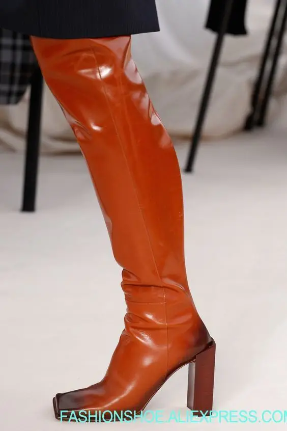 

2019 Newest Sexy Thigh High Boots Fashion Brown Leather Women Over The Knee Boots Sexy Sqaure Toe Ladies High Heel Knight Boots