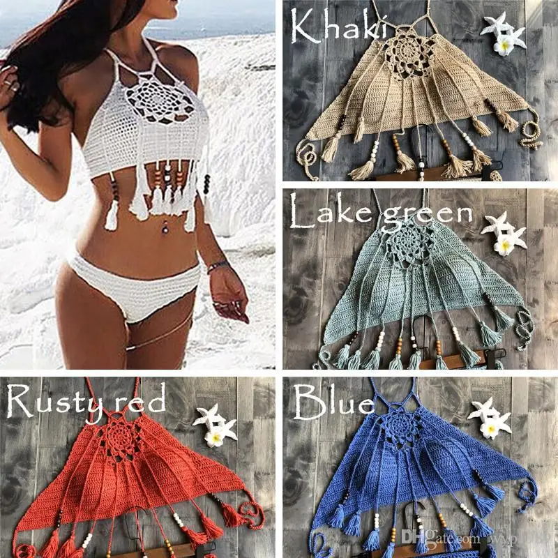CROCHET BIKINI Sexy Halter Tie Knitting New Beach Swimwear Halter Beaded Tassel Crop Top Brazil Bikini Swimsuit Bathing Suit
