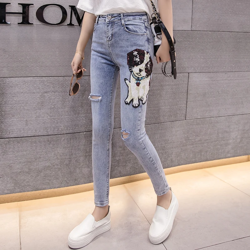 

Korean High Waist Jeans Women's New 2019 Summer Dog Sequined Cartoon Pencil Pants Ladies Fashion Elastic Hole Ripped Jeans