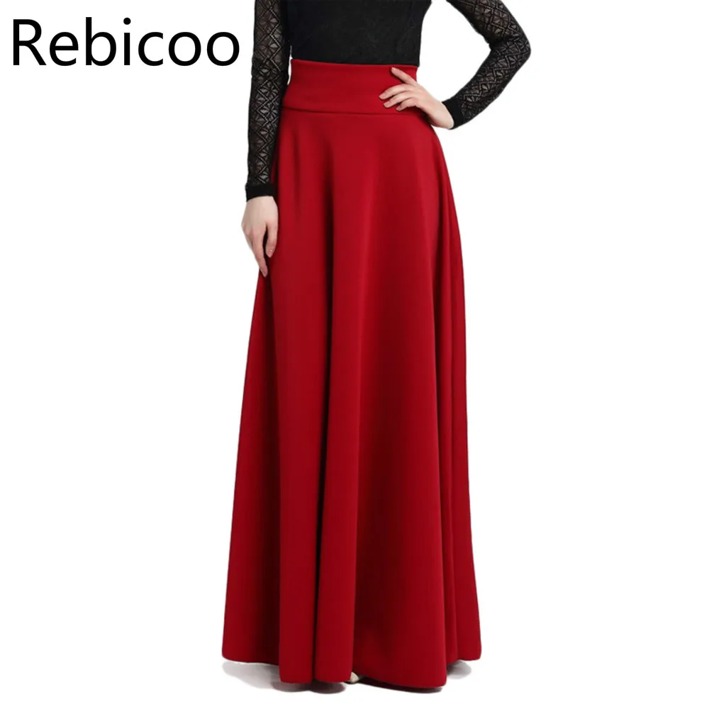 New High Waist Pleat Elegant Skirt Wine Red Black Solid Color Long Skirts Women Faldas Saia 5XL