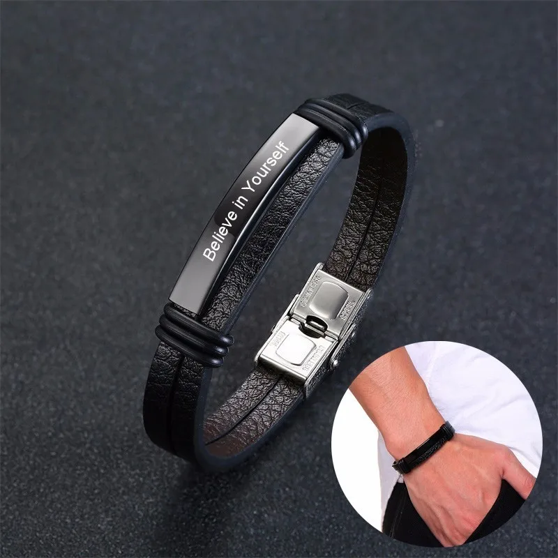 Men's Leather Bracelet with Custom name charms. — Jennywear Jewelry