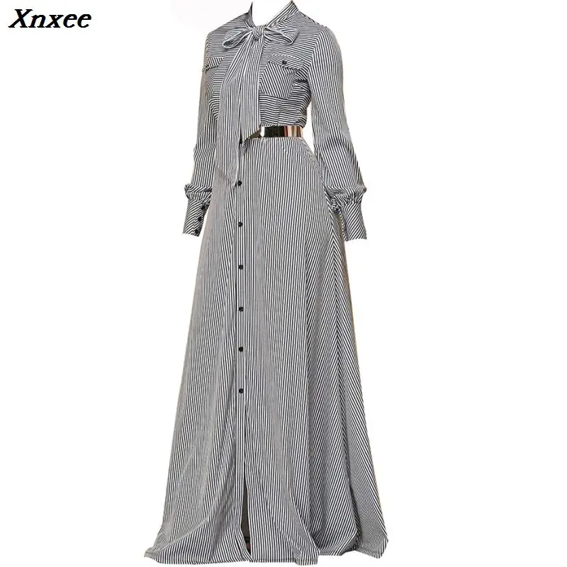 

Women Striped Maxi Dress Floor-length Bowknot Tie Long Sleeve Loose Button Dress Spring Pocket Elegant A-line Casual Long Dress