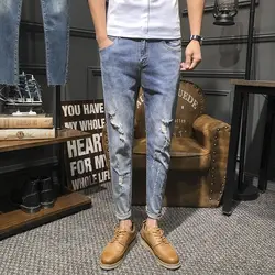 2019 Весна и лето новый тренд Корейская версия пара Повседневная мода стрейч тонкий спорт отверстие печати джинсы Лидер продаж