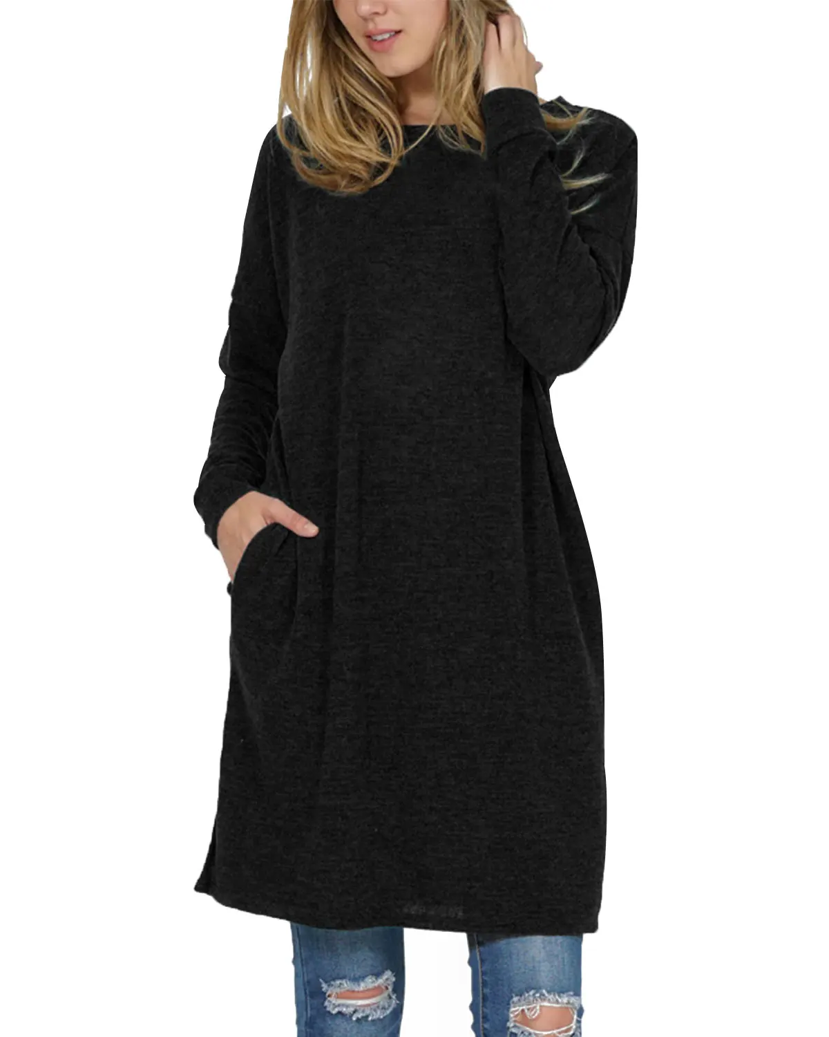 

2019 Autumn Winter Pullover T-Shirts Women Casual Loose Solid Round Neck Full Bating Sleeve Pockets Long Tops Tees Plus Size 2XL