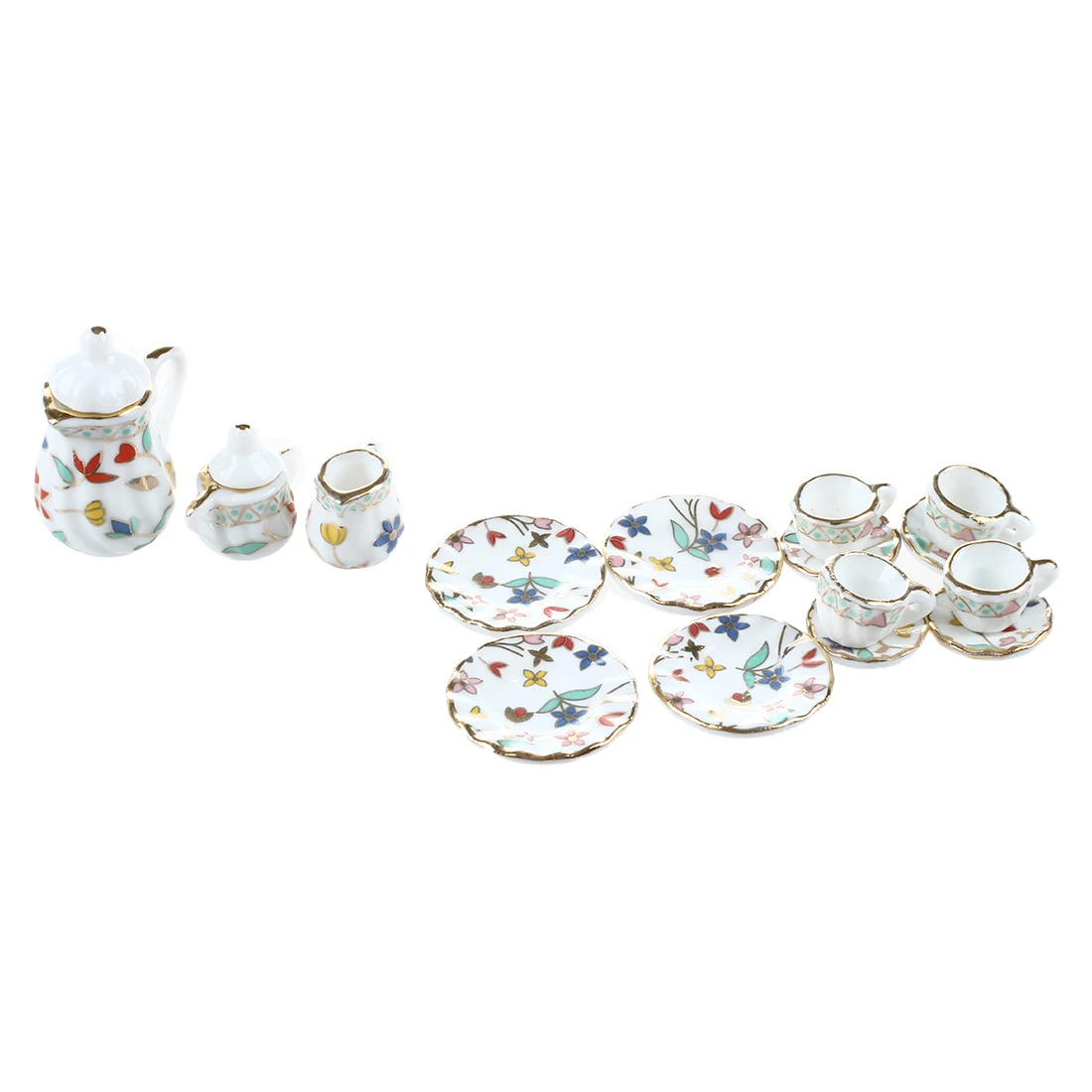 

15 Piece Miniature Dollhouse dinnerware porcelain tea set tableware Cup plate Colorful floral print