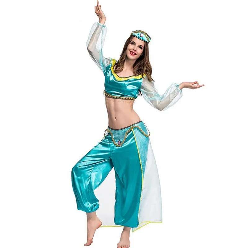 

Women Aladdin's Lamp Jasmine Princess Costumes Adult Cosplay Halloween Party Belly Dance Dress Indian Princess Carnival Suit