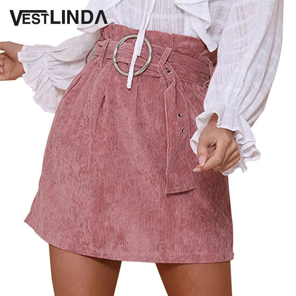 Vestlinda Pink Skirt High Waist Short Mini Skirt With Belt Pockets