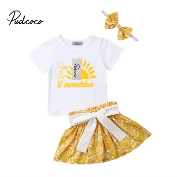 

pudcoco 2019 Summer Baby Girl Clothes Newborn For Female Outfit Infant Clothing Set 3PCS T-shirt+skirt+headwear Bow-knot Decor