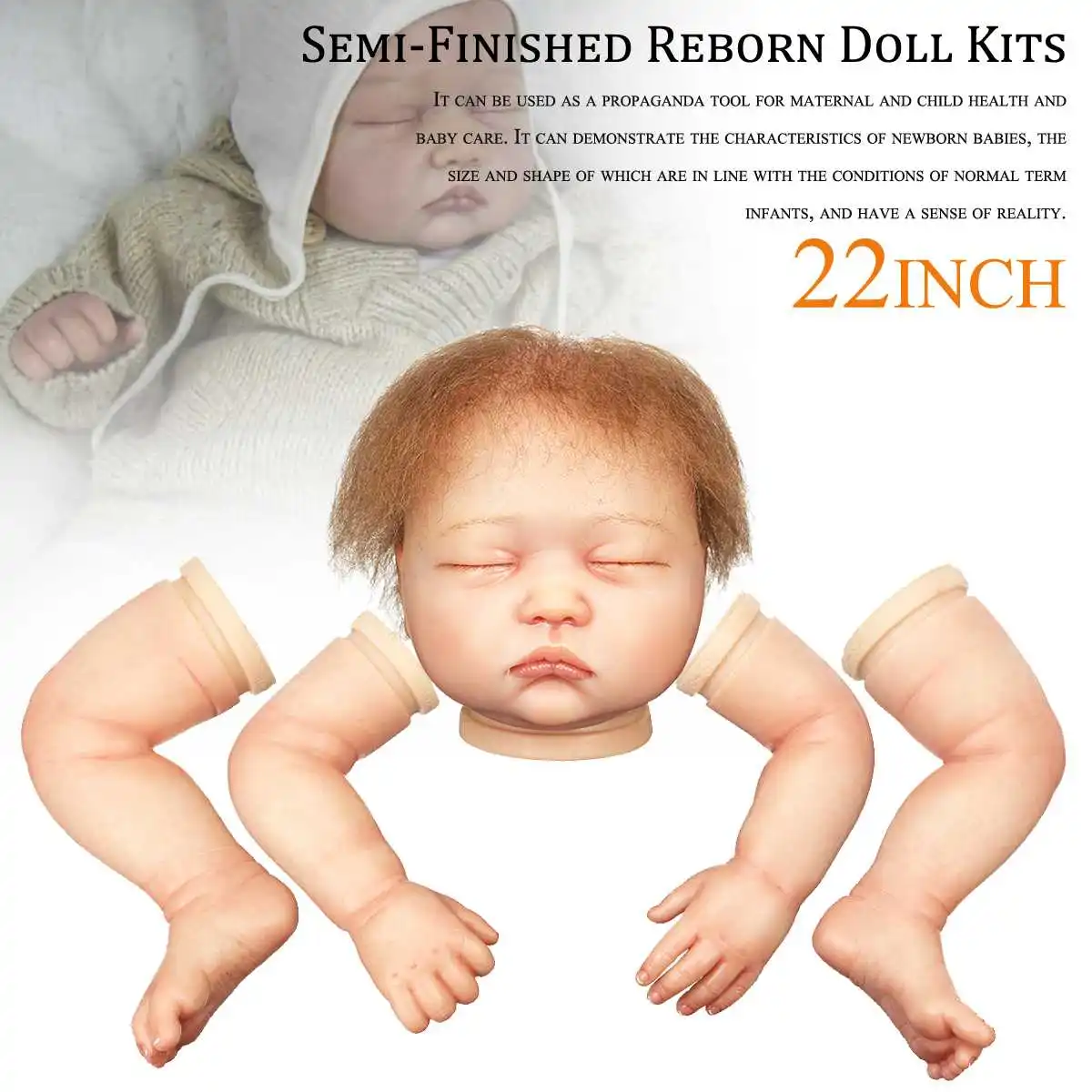 

22 Inch Unisex lifelike Vinyl Silicone Rebirth Doll Kits Doll Accessories With Head Limbs Blank Unpainted Parts DIY