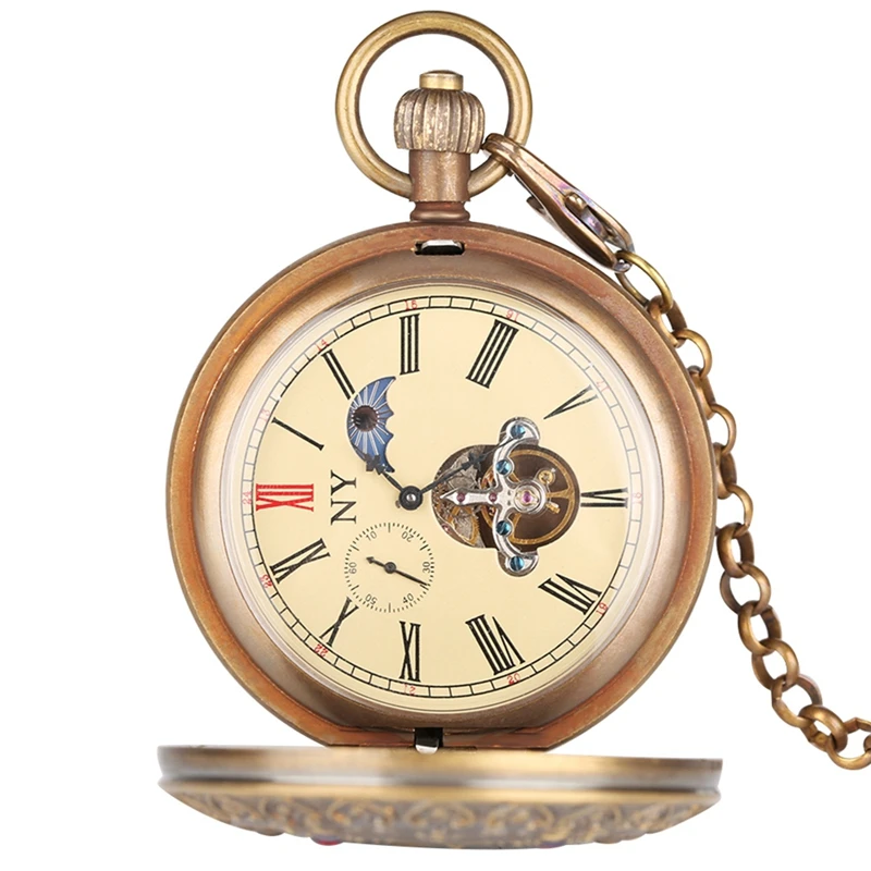 Механические карманные часы Tourbillon Phase Sun из чистой меди с изображением лося оленя