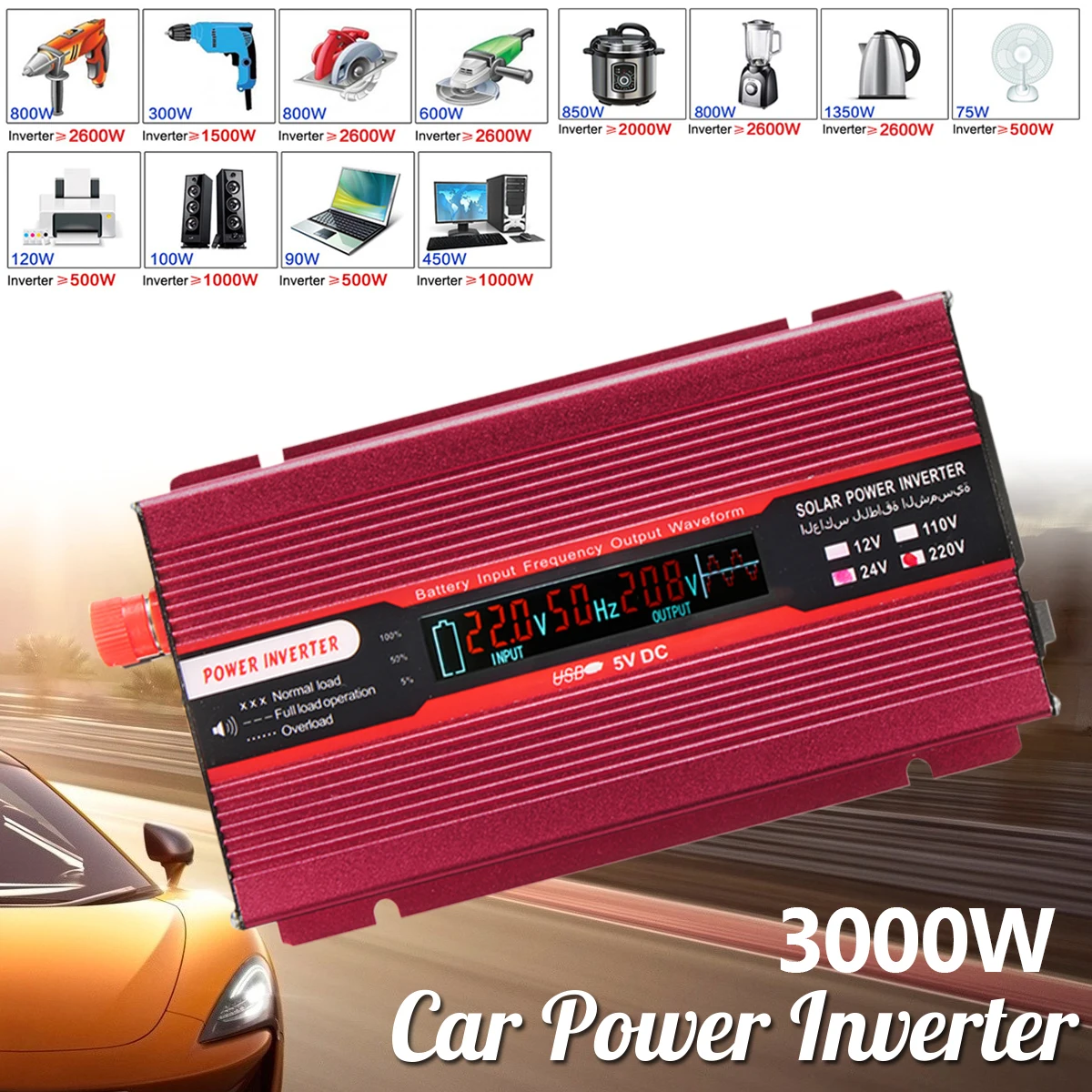 Car Power Inverter PEAK 3000W 12/24V To AC 220/110V USB Modified Sine Wave Converter Low Noise Voltage Transformer USB Aluminum Car Power Inverter PEAK 3000W 12/24V To AC 220/110V USB Modified Sine Wave Converter Low Noise Voltage Transformer USB Aluminum