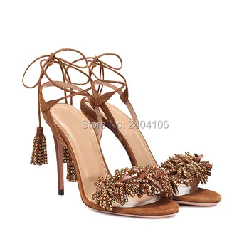 

New Arrival Women Fashion Shoes Summer Party Wedding High Heels Lace-up Gladiator Sandalias Tasseled Rhinestone Fringe Sandals