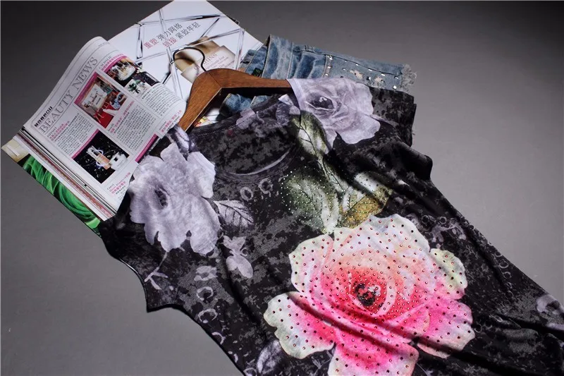 Двухсторонняя узкая футболка с принтом розы для женщин; большие размеры 5XL; модные топы с короткими рукавами; Новинка года