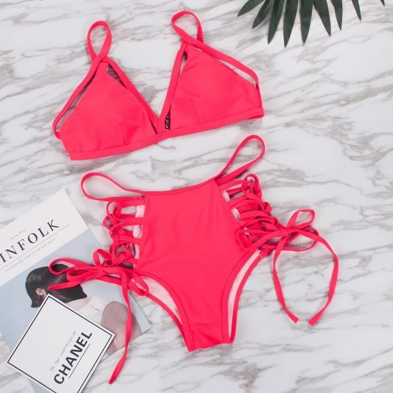 

Women's High Waist Swimwear Bandage Bikini Set Push-up Padded Bra Bathing Suit Swimsuit