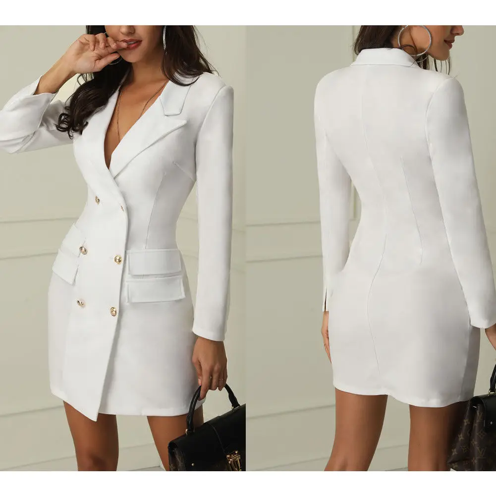 

New Arrivals Womens Double Breasted Gold Button Front Black Military Style Coat Jacket Slim Formal OL V-neck Clothing