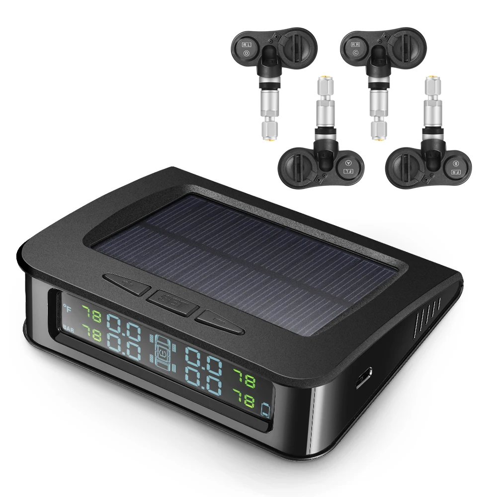 

C220 Tyre Pressure Monitoring System Solar TPMS with 4 Internal Sensors Wide Application Digital Display Auto Alarm System