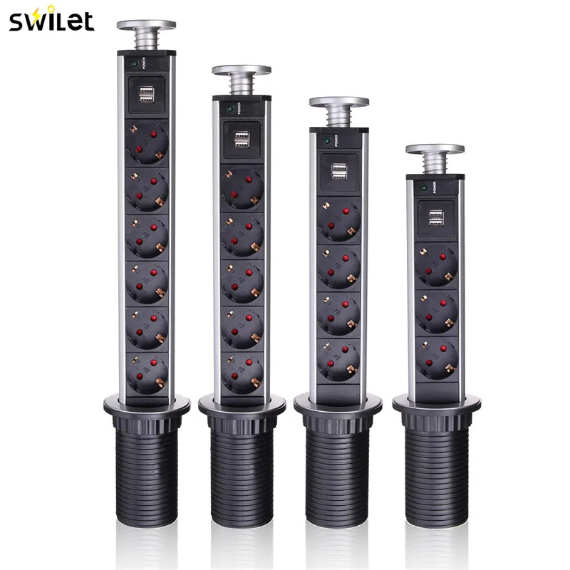 

SWILET EU Plug 3/4/5/6 power Kitchen Table Pop Up Electrical Socket Power 1 Led+2 charge USB Aluminum Shelf Silver/Black
