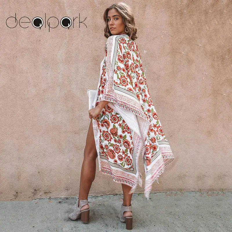 

Women Chiffon Kimono Cardigan Floral Print Long Kimono female Blouses Split Boho Loose Outerwear Beach Bikini Cover Up Plus Size