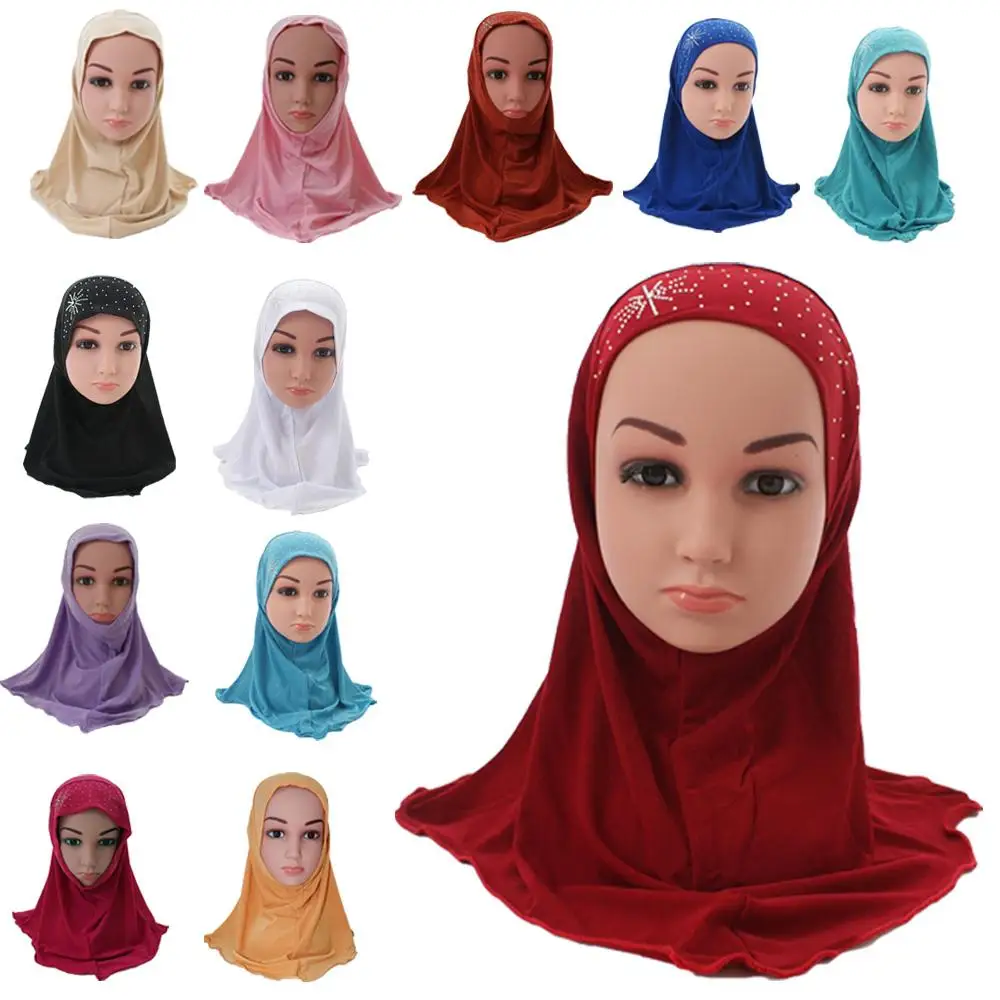 

Kid Girls Islamic Muslim Arab Scarf School Rhinestone Child Headwear Middle East Turban Ramadan Beanies Bonnet Hair Loss Fashion