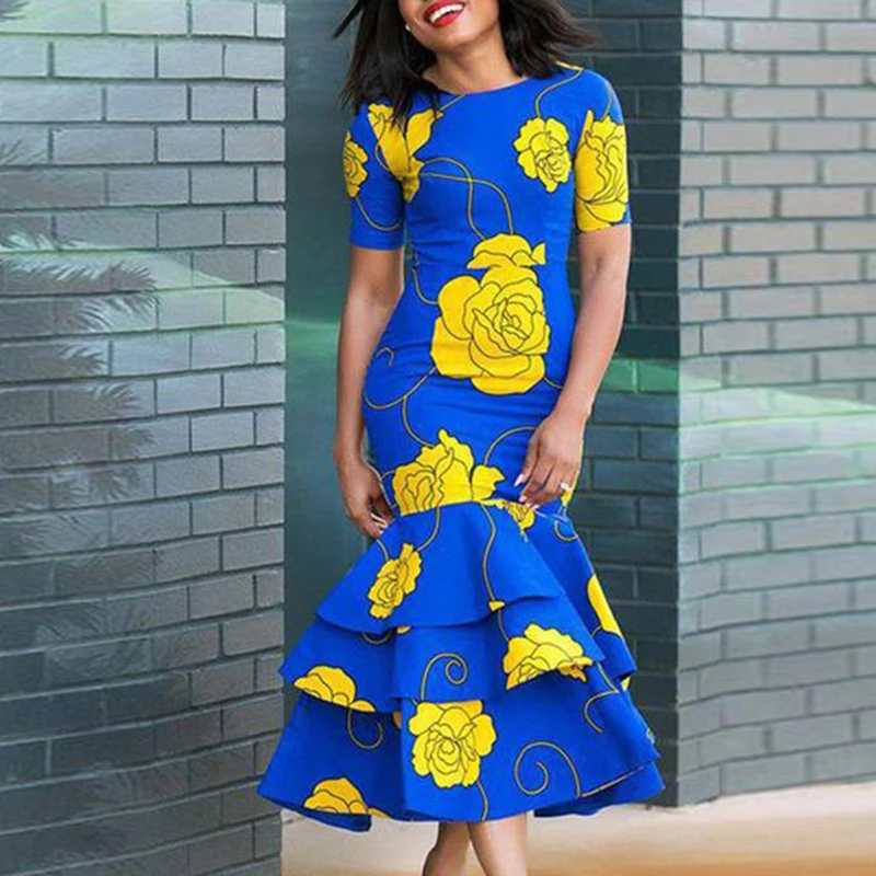 

Women Flower Print Dress Bodycon Multi-layer Ruffled elegant business office lady evening Party sheath floral Dress vestido