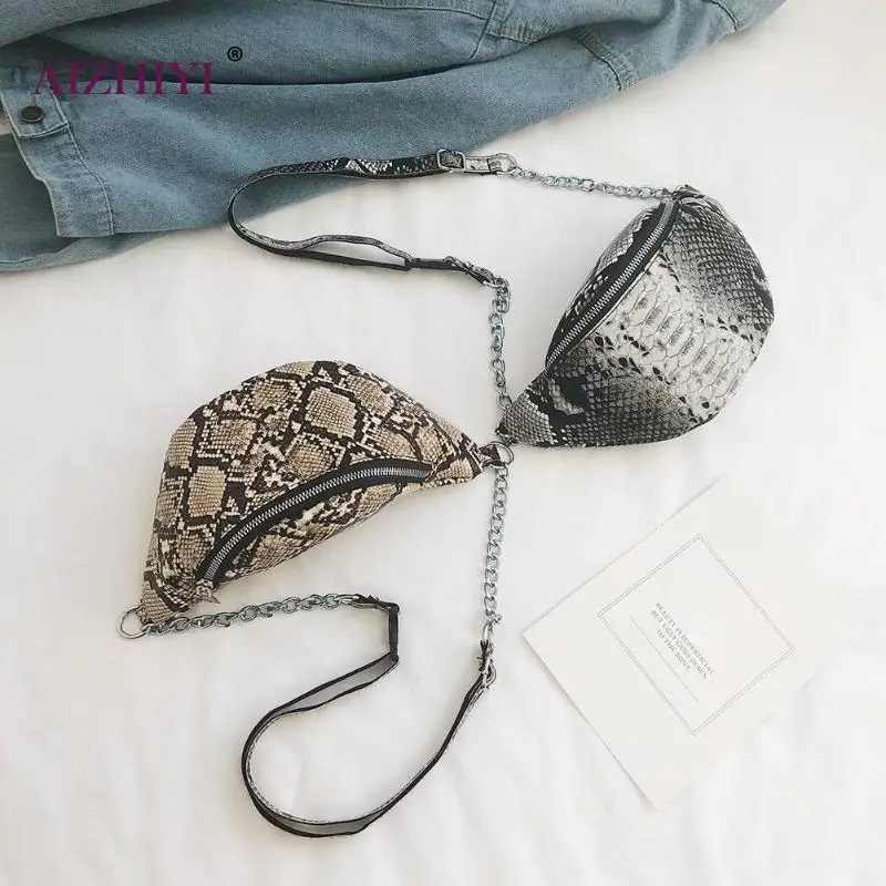 2019 الفتيات الأزياء الأفعى طباعة شنطة كتف الخصر سلسلة النساء بو جلدية صغيرة عارضة Crossbody أكياس