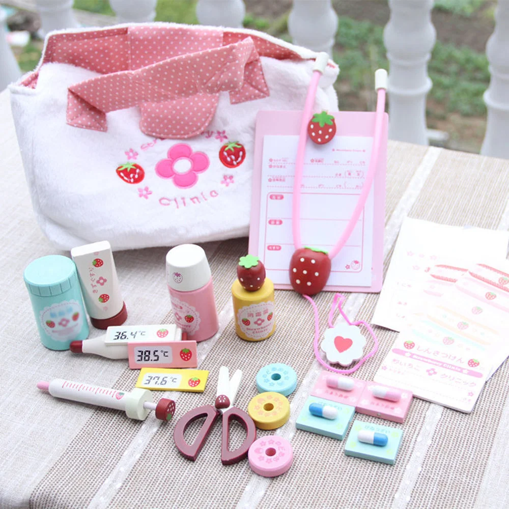 

28pcs/Set Strawberry Cloth Bag Medicine Box Case Bag Toy Children Wooden Toy