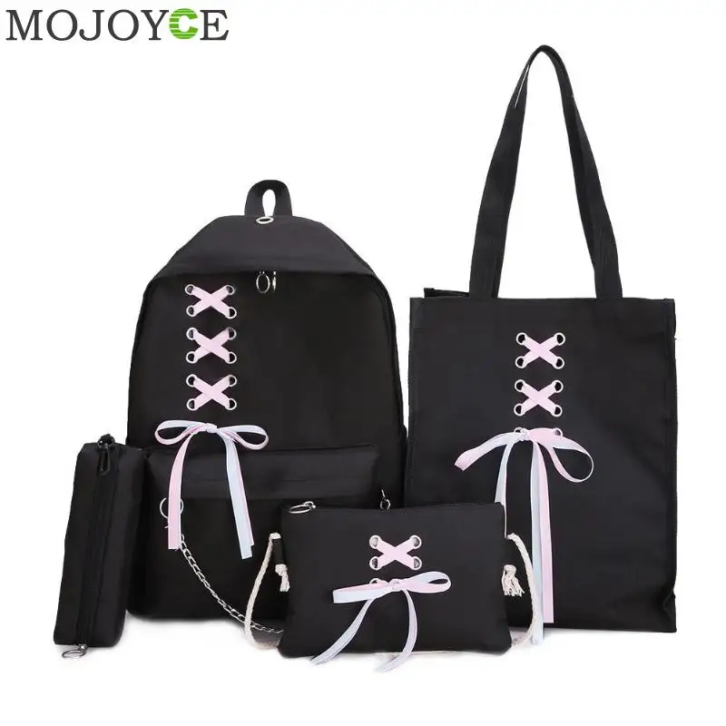 

4Pcs/Set Ribbon Chain Bowknot Mochila Canvas Backpack Travel Rucksacks Leisure Backpack For Teenage Girls Classic School Bagpack