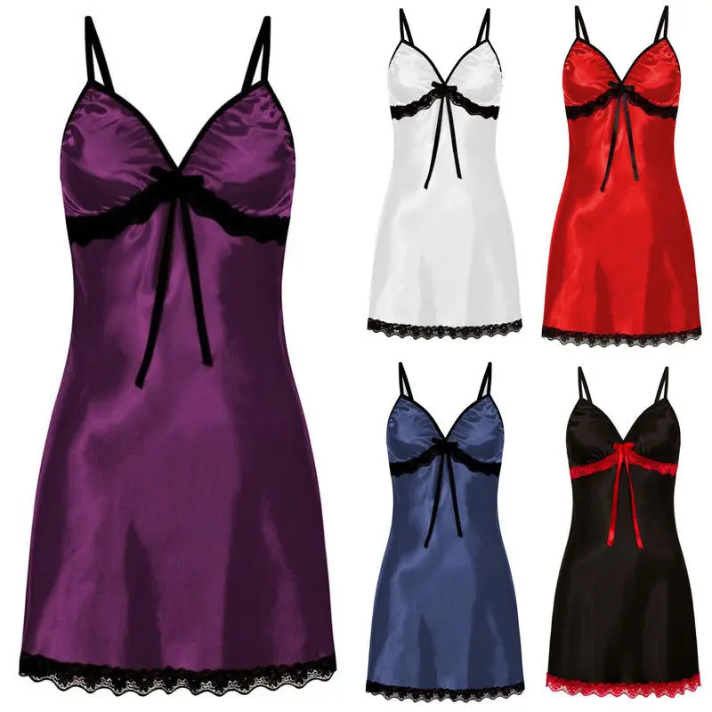 

Women Summer Satin Nightwear V-neck Lace Sleepwear Pajamas Lingerie Mini Dress S-XXXL