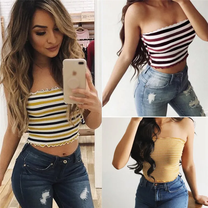 

2019 New Hot Girls Ladies Women Seamless Strapless Sleeveless Striped Bra Bandeau Fits Fashion Tube Tops Sports Shirt S-XL