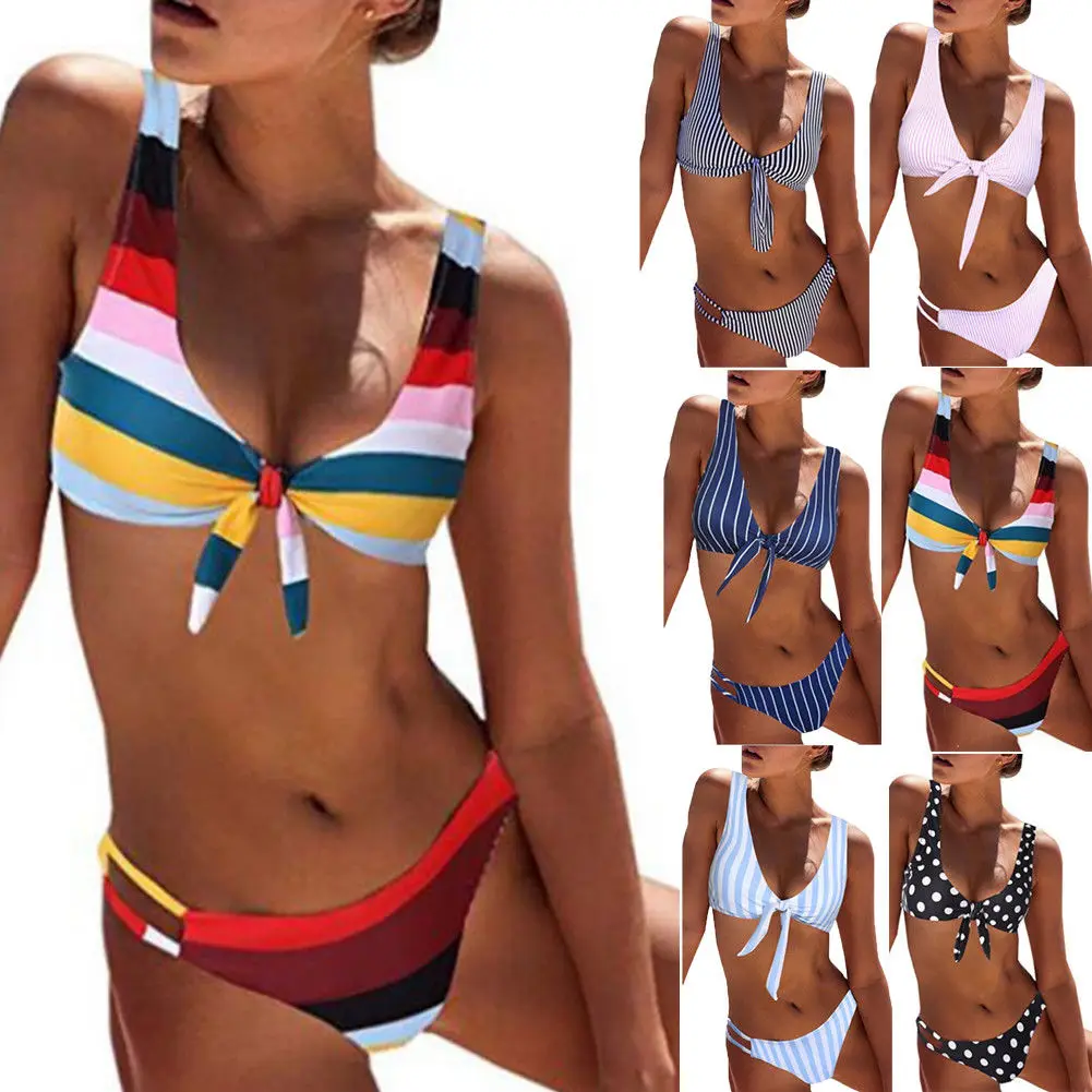 

Refreshing Women's Bandage Padded Push-up Bikini Set Vertical Stripe Dots Swimsuit High Waist Bathing 2019 New Swimwear