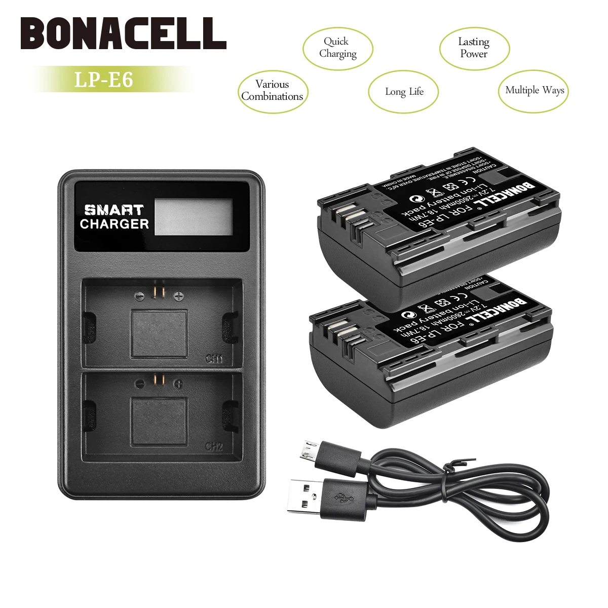 Bonacell 2600 мАч LP-E6 батарея для цифровой камеры+ ЖК двойное зарядное устройство для Canon EOS 5D Mark II 2 III 3 6D 7D 60D 60Da 70D 80D DSLR L50