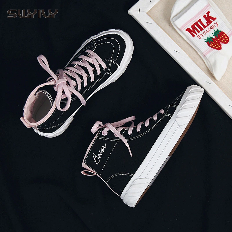 

SWYIVY Black Sneakers Casual Shoes Women High Top Canvas Shoes White 2020 New Ladies Shoe Chunky Sneakers For Women Size 40