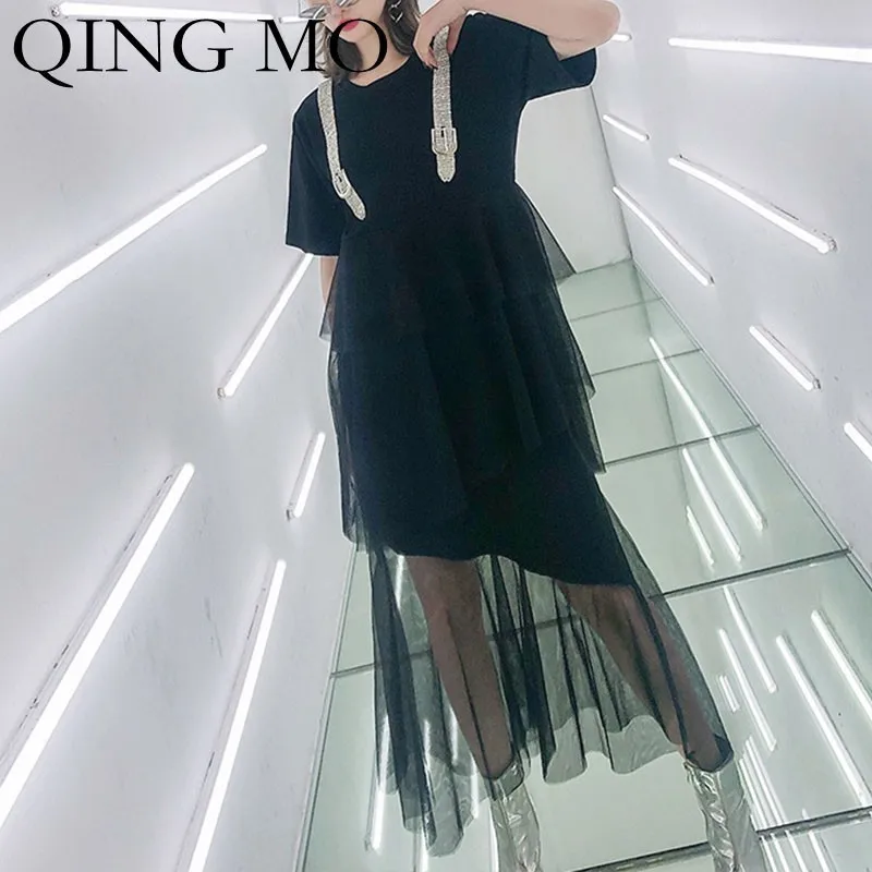 QING MO/Сетчатое платье-футболка в стиле пэчворк женское черное Сетчатое платье с