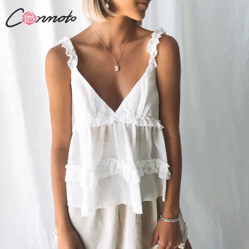 

Conmoto Mesh Women Tops and Blouses 2019 White Ruffle Sexy Spaghettie Strap Beach Tops Summer Sheer Pink Blouse Ladies Tops