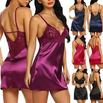 

Sexy Women Summer Solid V-Neck Sleeveless Silk Lace Babydoll Nightdress Nightgown Sleepwear