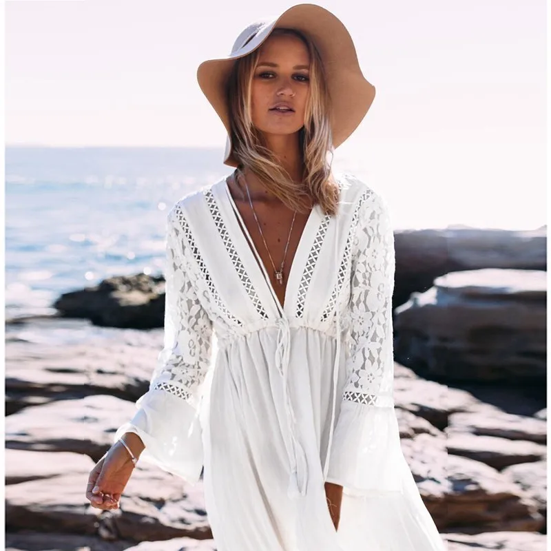 White Plunging V Neck Lace up Fishnet Fringe Kaftan Cover Up
