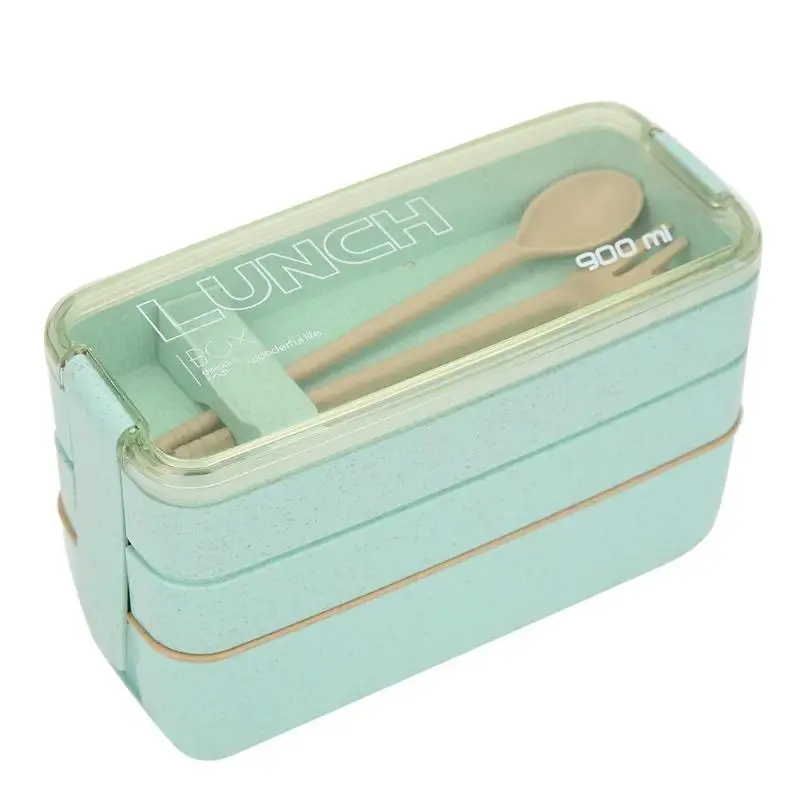 

900ml 3 Layer Wheat Straw Healthy Bento Microwave Food Storage Container Box Flexible Lock Seal Lunchbox for Office Students