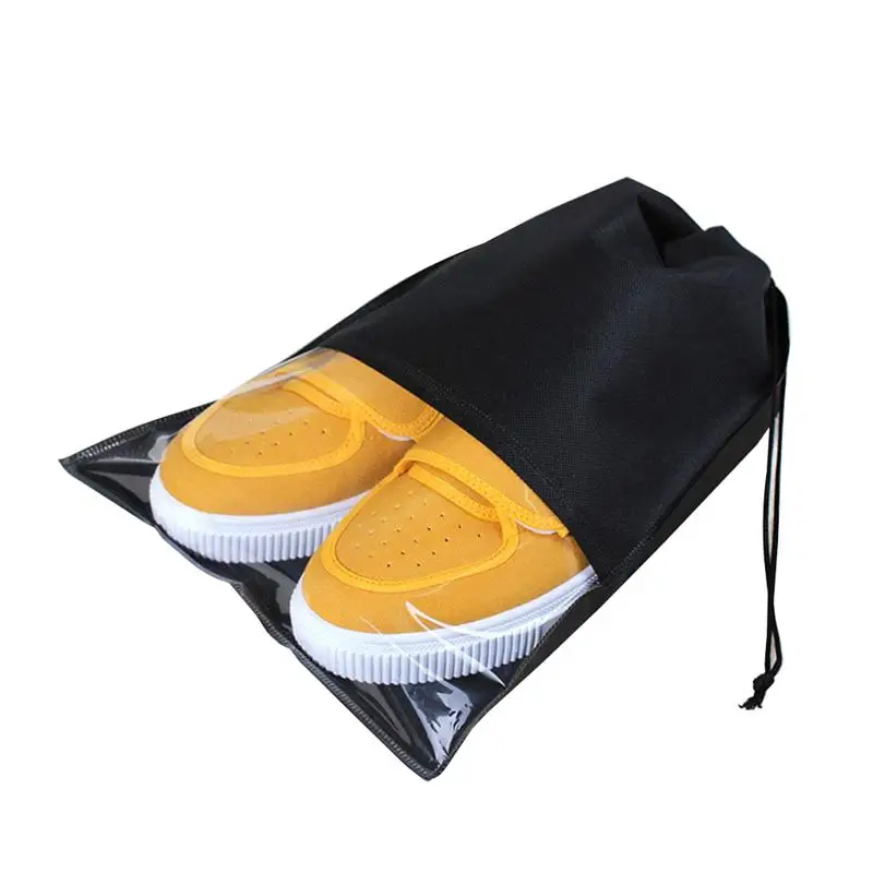 

10pcs Blank Drawstring Non-woven Slippers Bag Transparent Travel Storage Space Saving Clothing Seal Organizer Bags(Black)