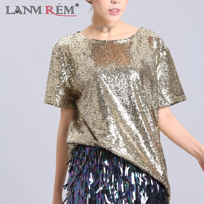 

LANMREM 2019 Spring Summer New Pattern O-neck Short Sleeve Shining Sequines Breathable Ladies Fashion Loose Shirt BA665
