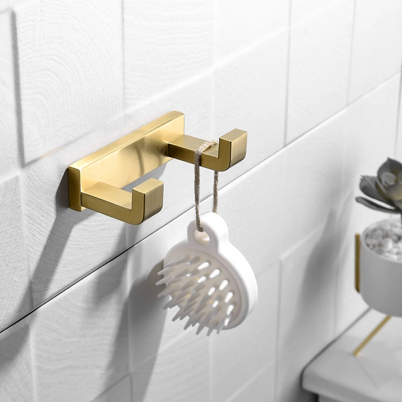 Luxury Brushed Gold Robe Hook 2 Hooks Towel Clothes Coat Hooks Wall
