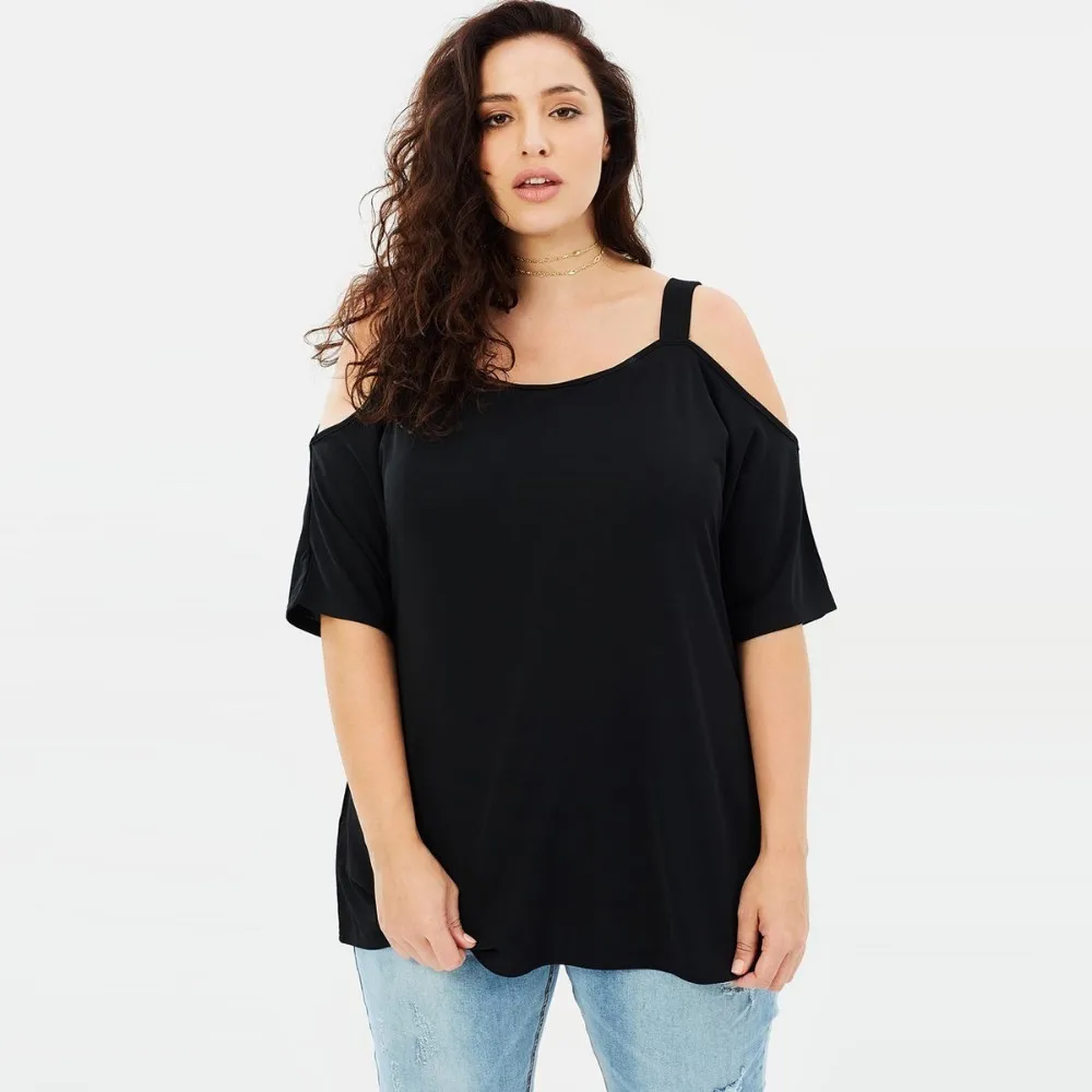 HDY HAODUOYI Plus Size Solid Casual Slash Neck Women T-shirt Female Hollow Out Sexy Tops Black Loose Top Tees Big Size HDY HAODUOYI Plus Size Solid Casual Slash Neck Women T-shirt Female Hollow Out Sexy Tops Black Loose Top Tees Big Size